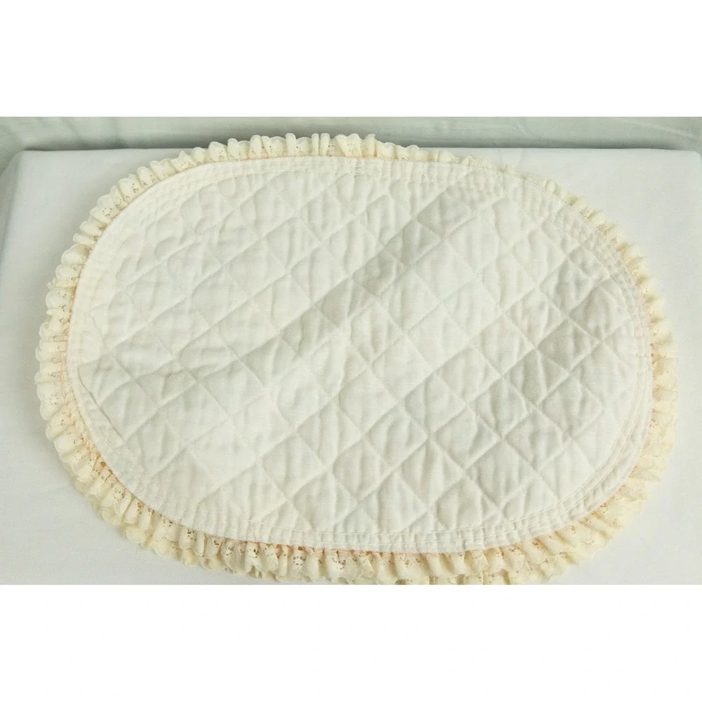 Vintage Floral Quilted Oval Placemat Cream Pastel Pink Yellow Lace Ruffle Trim